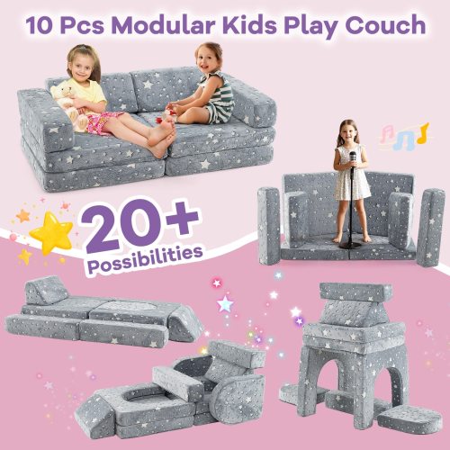 Gymax 10 Pcs Modular Kids Play Couch Sectional Sofa Glow in the Dark