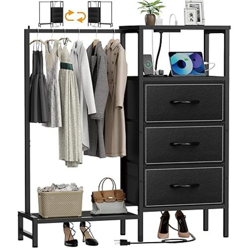Dresser for Bedroom with Hanging Rack, 3 Drawers Closet with Charging Station, Faric Chest of Drawers with Clothes Rack, Storage Organzier for Hallway Entryway, Black