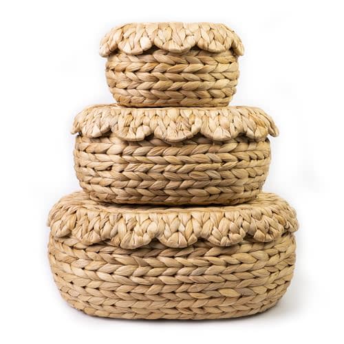 Set of 3 Wicker Storage Baskets with Lid - Decorative Handwoven Rattan Baskets for Organizing, Small Hyacinth Storage Boxes with Scalloped Edges, Natural Woven Storage Bins with Lids (Water Hyacinth)