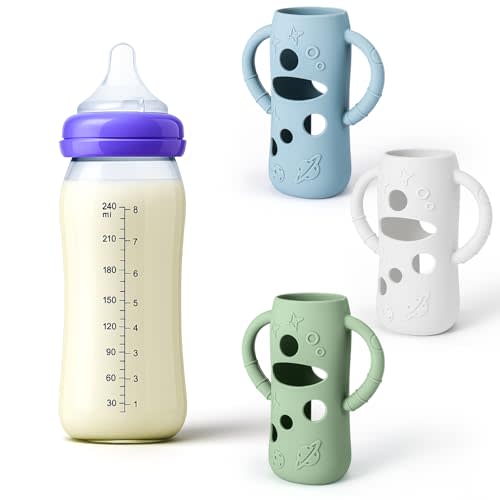 Mity rain 3 Pack Silicone Sleeves for Lansinoh Glass Bottles 8 OZ - Anti Breakage Baby Bottle Holder, Compatible with Lansinoh Glass Bottles for Babies with Handle