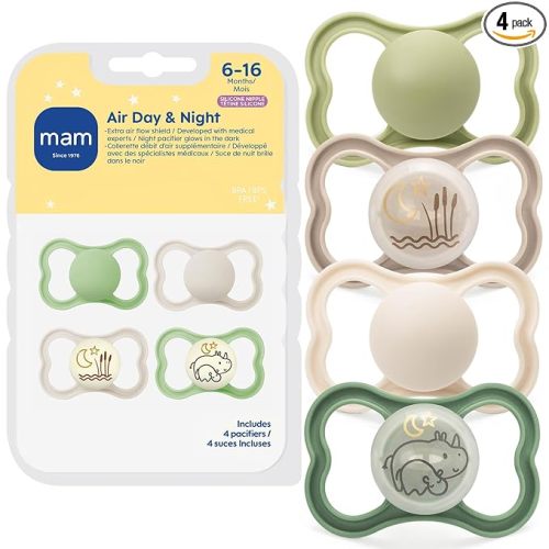 MAM Air Pacifier for Babies 6-16 Months, Extra Air Flow for Sensitive Skin, Glows in The Dark, Developed with Medical Experts, BPA-Free Skin Soft Silicone, 4 Pack, Made in Europe
