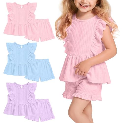 3 Pack Toddler Girls Outfits Baby Cotton Summer 2 Piece Sets Ruffled Sleeveless Tops Bloomers Shorts Cute Clothes