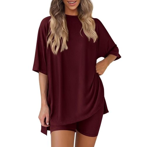 PRETTYGARDEN Women's Two Piece Lounge Set 2025 Summer Casual Oversized Shirts Biker Shorts Matching Airport Travel Outfit