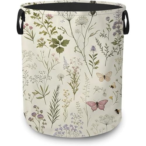 Vintage Wildflowers Portable Laundry Hamper,Butterfly Bees Floral Collapsible Clothes Basket with Handles,Waterproof Oxford Cloth Organizer for Dorm Bedroom Bathroom Nursery,16 x 20 Inch