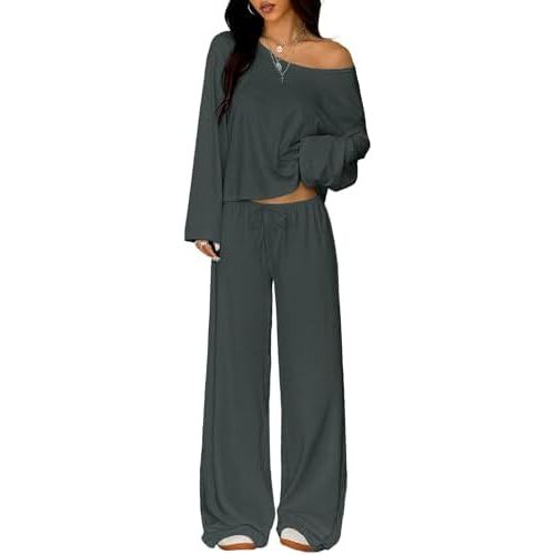Women’s 2-Piece Lounge Set with Long Sleeve Top and Wide Leg Pants - Soft Brushed Knit Coordinated Outfit
