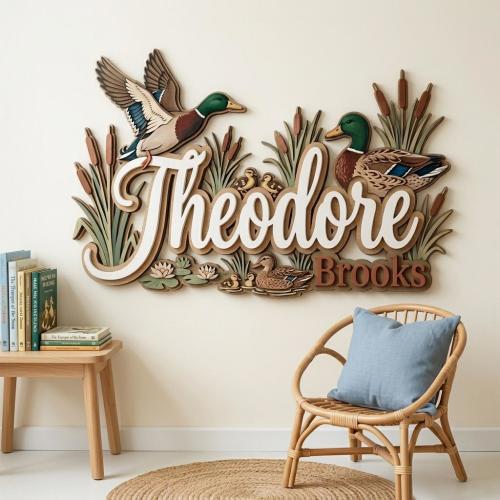 Personalized Hunting Dog and Duck Nursery Name Sign, Custom Camo Lab Wall Art, Mallard Duck Baby Boy Room Decor, Rustic Sign, Newborn Gift