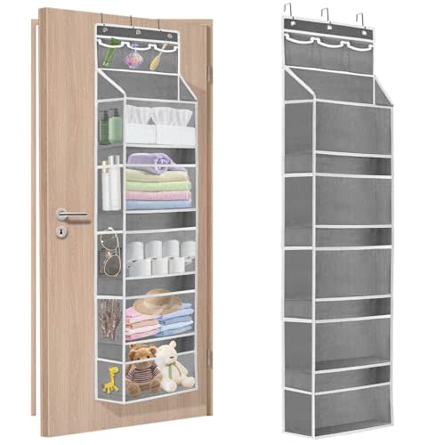 FjiProu Over the Door Organizer, Over Door Shoes Organizer with Side 10 Mesh Pockets Heavy-Duty Non-Woven Fabric Hanging Shoes Storage Rack for Bedroom Closet Bathroom (Light Gray,5+3 Compartments)