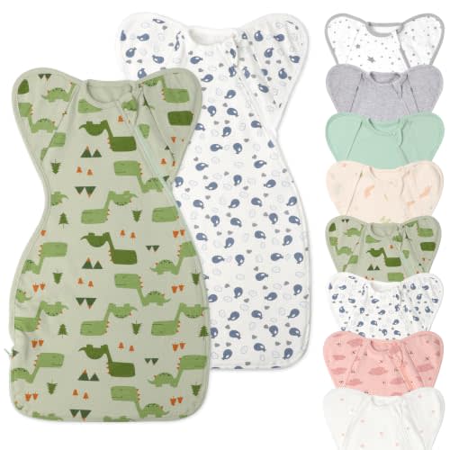 Organic Cotton Baby Sleep Sacks Swaddles 0-3 Months Newborn Boy Girl 2 Pack | Hands Up 3-Way Transitions to Arms-Free Wearable Sleeping Sack Bag Soft Arms Up Swaddle Blanket Snug Fit Calms Startle Reflex