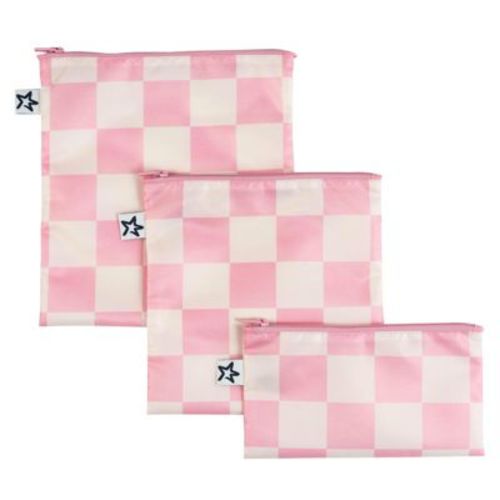 Tiny Twinkle Reusable Snack Bags, Machine Washable, Bpa-free For Baby And Toddler Food (3-pack, Pink Checkers)