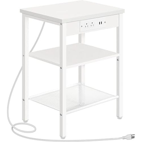 HOOBRO Side Table with Charging Station and USB Port, Small End Table for Small Space, 3-Tier Nightstand with Adjustable Shelf, for Living Room, Bedroom and Balcony, White WW112BZ01