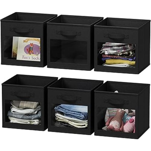 SpaceAid Storage Cubes with Clear Windows, Set of 6 Fabric Bins, 11 Inch Foldable Baskets Boxes for Closet, Cubby Shelf or Cube Storage Organizer, Black