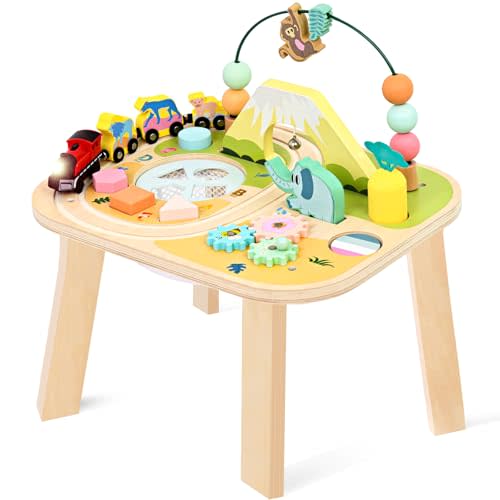 wingyz 9-in-1 Activity Table for 1 Year Old Toddler, Multi-Colorful Wooden Montessori Toys, Baby Play Table with Bead Maze Shape Sorter Train Toy, Educational Gifts for 12 Months+ Kids Boys Girls