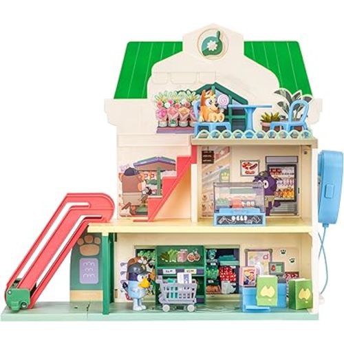 Bluey and Bingo Supermarket Playset with Escalator, Pretend Play Toys for Toddlers, Sounds and 15 Pieces, Grocery Store Playset