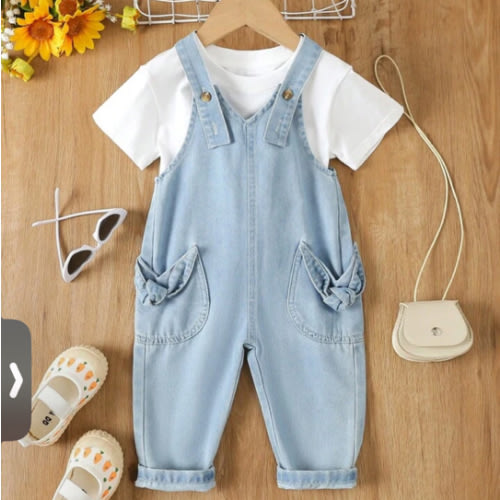 SHEIN Baby Girl Bow Front Dual Pocket Denim Overalls Without Tee | SHEIN USA