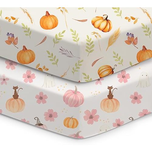 Halloween Baby Crib Sheets, Fitted Crib Sheet for Standard Crib and Toddler Mattress, Pink, Pumpkin, Black Cat
