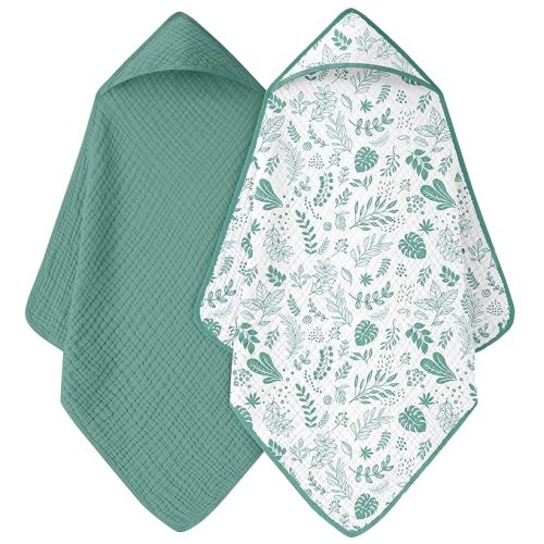 Baby Bath Towels, 100% Muslin Cotton Hooded Baby Towels for Newborn, 2 Pack Baby Towels with Hood for Infant Toddler and Kids, Large 32x32Inch, Soft and Absorbent