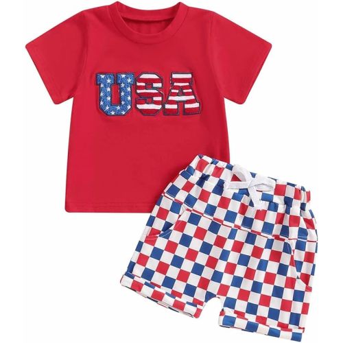 Toddler Baby Boy Girl Summer Clothes Checkerboard Print Short Sleeve T-Shirt Tee Tops Rolled Shorts Infant Outfits