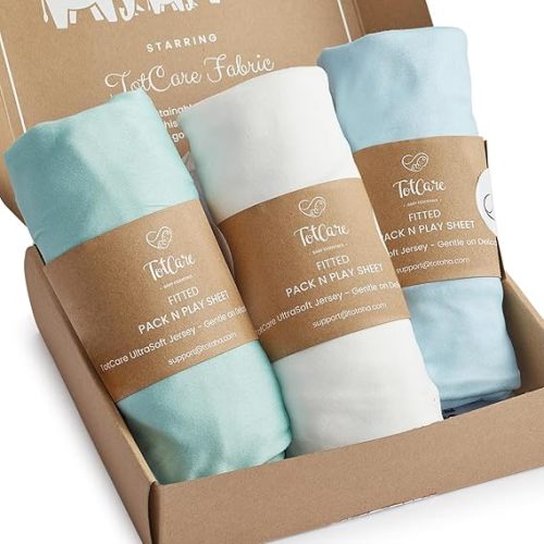 Graco Pack and Play Sheets Fitted – Compatible with Graco Pack n Play Playard Crib & Other 27 x 39 Inch Playpen Mattress, Buttery Soft Jersey Playard Sheets, Blue Sage Cloud 3 Pack