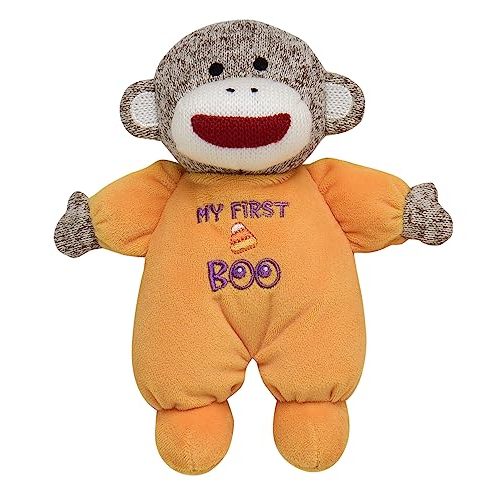 Baby Starters Sock Monkey Halloween 9 inch Plush Rattle with Embroidery (My First Boo, Orange)