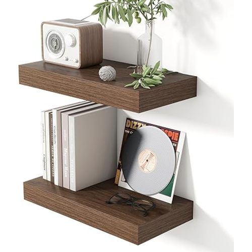 Heimlove 16 Inch Floating Shelves for Wall Walnut Shelves Set of 2,Wall Mounted Rustic Wood 8 Inch Deep Floating Shelf with Invisible Brackets for Bedroom Kitchen Living Room