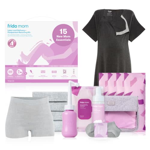 Frida 15pc Labor & Postpartum Kit Gift Set for Baby Showers & Mom to Be | Peri Bottle, Nursing Gown, Disposable Underwear, Ice Maxi Pads, Pad Liners, Perineal Foam & Bag