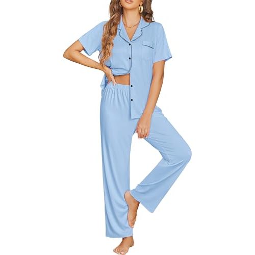 Ekouaer Womens Pajama Sets Button Down Lounge Sets 2 Piece Short Sleeve Pjs | Soft Comfy Loungewear,Sleepwear,Gift for Bridal Party,Wedding,Honeymoon,Postpartum,Summer