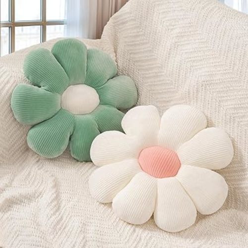 2 Pcs Sage Green Throw Pillow Decorative Flower Pillows for Girls Room Decor, 15" Cute Aesthetic Flower Daisy Shaped Throw Pillows for Bedroom Bed Couch Chair Classroom (White+Green, 15.35 Inch)