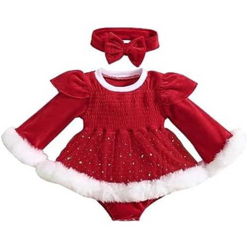 Newborn Baby Girl Christmas Outfits Velvet Long Sleeve Romper Dress Plush Fur Trim Fall Winter Clothes