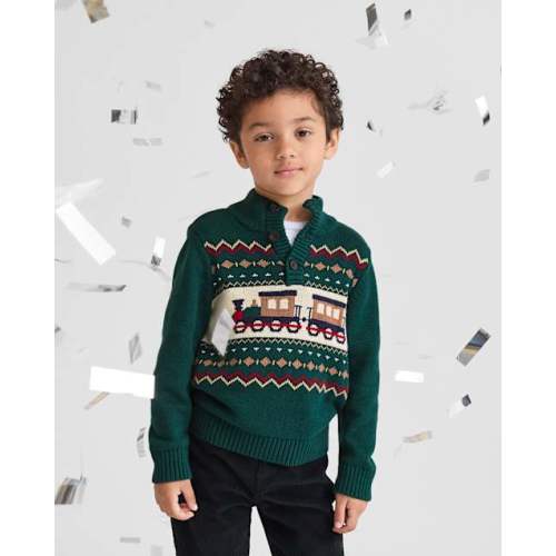 Baby And Toddler Boys Train Fairisle Mock Neck Sweater - Green