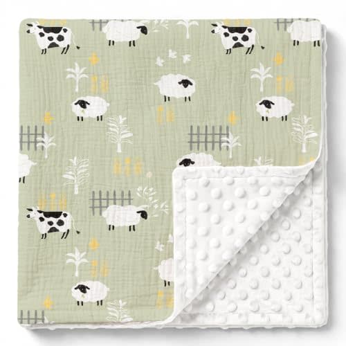 GLLQUEN BABY Muslin Baby Blankets for Boys & Girls, 2-Layer Toddler Blanket | Cotton Top with Dotted Fleece Back, Soft Receiving Blanket for Nursery Stroller Crib, 30''x40'', Cute Farm