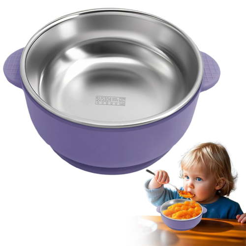 4-Pack 2-In-1 Anti-Scald Baby Bowls with Suction Cups, Stainless Steel Baby Oatmeal Bowls with Removable Silicone Covers, Leak-Proof for Toddlers