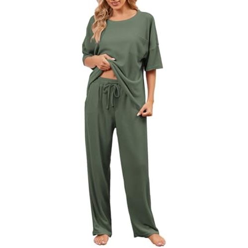 JiniGolla Womens Pajama Sets Waffle Knit Short Sleeve Shirt with Long Pajama Pants Soft Sleepwear Pj Lounge Sets