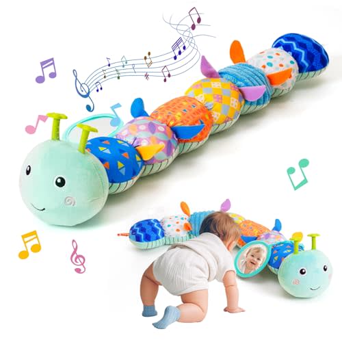 Baby Toys 0-6 Month, Musical Caterpillar Rattle, Infants Sensory Toy with Mirror Crinkle Textures, Newborn Developmental Tummy Time Stuffed Plush Animal toys for Babies Boys Girls 3-6-12 Months (Blue)