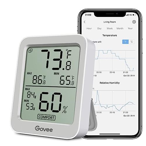 Govee Bluetooth Digital Hygrometer Indoor Thermometer, Room Humidity and Temperature Sensor Gauge with Remote App Monitoring, Large LCD Display, Notification Alerts, 2 Years Data Storage Export, Grey