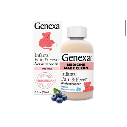 Genexa Infants' Clean Acetaminophen | Pediatrician Preferred Ingredients | Pain Reliever & Fever Reducer for Babies | Dye Free, 0% Artificial Additives | Delicious Organic Blueberry Flavor, 2 fl oz