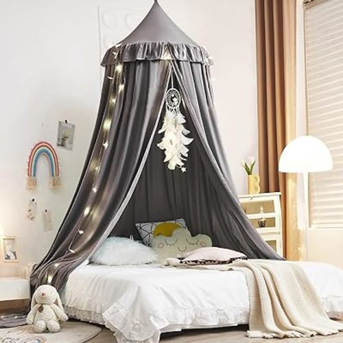 Kertnic Decor Canopy for Kids Bed, Soft Smooth Playing Tent Canopy Girls Room Decoration Princess Castle, Dreamy Mosquito Net Bedding, Children Reading Nook Canopies in Home (Gray)