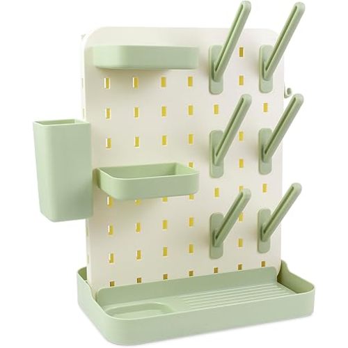 Larger Baby Bottle Drying Rack Space Saving Countertop Vertical Rack with Brushes Holder (Green)