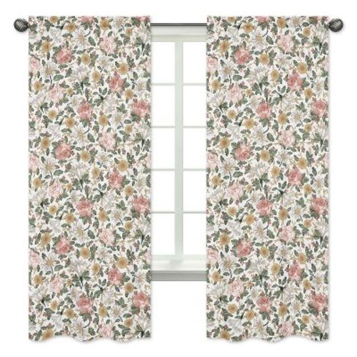 Sweet Jojo Designs Girl Window Curtain Panels Drapes 84in. Vintage Floral Pink Green Yellow
