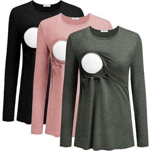 Ekouaer Women 3 Packs Nursing Shirts Long Sleeve Breastfeeding Tops Round Neck Postpartum Double Layer Maternity Tee Black/Army Green/Dirty Pink XL