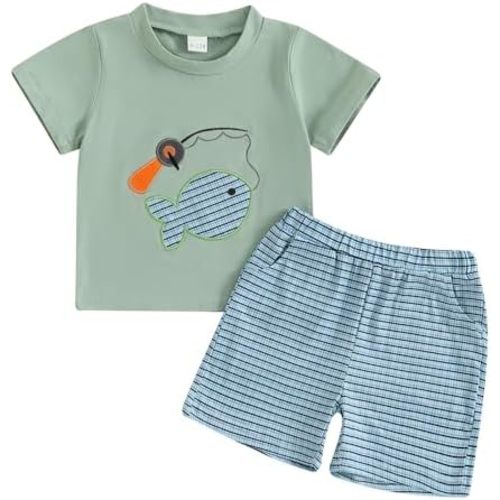 Suolongsama Toddler Baby Boy Summer Clothes Fish Embroidery Short Sleeve Top and Striped Shorts Set 2Pcs Fishing Outfit