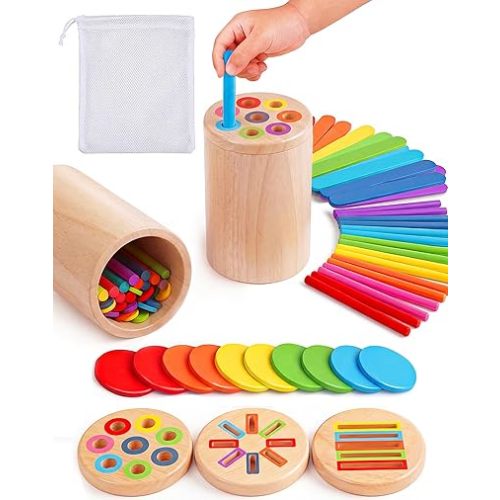 Wooden Montessori Toys for 1, 2,3 Year Old: 3 in 1 Fine Motor Skills, Learning Color Matching Sorting Sensory - Easter Basket Stuffer for Toddler Boy Girls - 18 Month