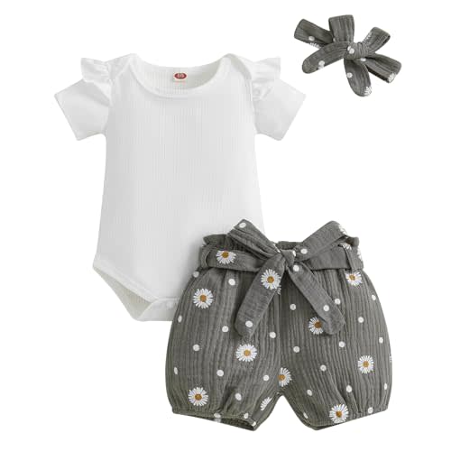 Kaipiclos Newborn Infant Girl Clothes Rib Knit Romper Daisy Print Shorts Headband Baby Summer Clothes 0 3 6 12 18 24 Months