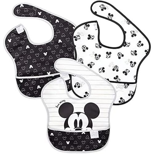 Bumkins Disney Bibs for Girl or Boy, SuperBib Baby and Toddler for 6-24 Months, Essential Must Have for Eating, Feeding, Baby Led Weaning, Mess Saving Waterproof Soft Fabric, 3-pk Mickey Mouse Icon