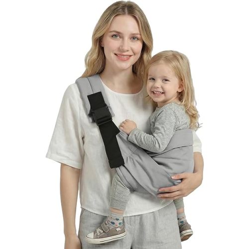 Baby Sling Carrier, Toddler Carrier Sling with Double Safety Buckle and Adjustable Shoulder Strap(7-30lbs), Baby Carriers One Size Fits All, Grey