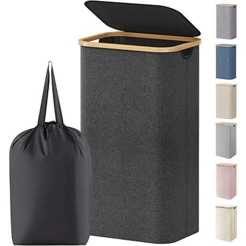 Lifewit 100L Laundry Basket with Lid, Clothes Hampers for Laundry with Bamboo Handles and 1 Removable Bag, Large Foldable Laundry Hamper for Bedroom, Bathroom, Dorm, Laundry Room, Dark Gray