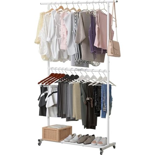 Sywhitta Double Rod Clothing Garment Rack, Rolling Clothes Organizer on Wheels for Hanging Clothes, Easy to Assemble, Adjustable, White