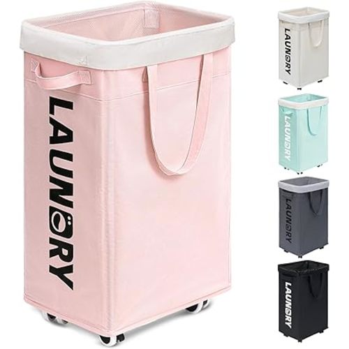 Goodpick Pink Laundry Basket with Wheels, Dorm Room Essentials for Girls, 75L Collapsible Laundry Basket, Laundry Hamper with Handle for College Dorm