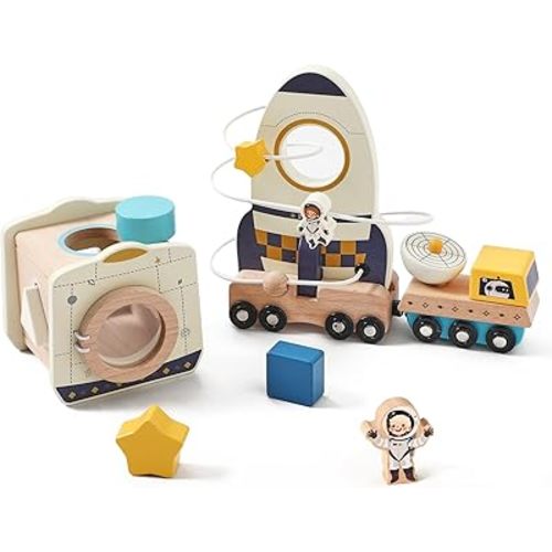 ibwaae Rocket Space Toys, Montessori Toys for 1 2 3 Year Old, Boy and Girl Baptism Birthday Gift, Baby Toys with Shape Sorter Stacking