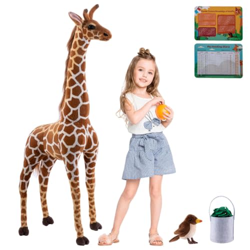 47” Large Giraffe Stuffed Animal Set, Soft Plush Toy | Giant Giraffe with Birds, Leaves, Basket, Tall Standing Giraffe Toy Lifelike, Gift for Kids Nursery Baby Shower Party