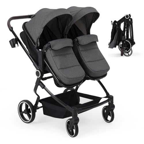 Side by Side Double Stroller Newborn and Toddler, Lightweight Compact Twin Stroller with Reversible Seat, Adjustable Backrest & Canopy, Storage Basket, Easy to Fold, Dark Grey